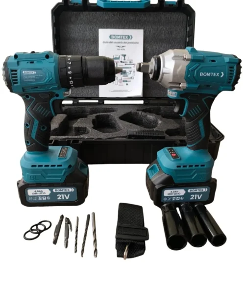 Kit Taladro y Llave de Impacto BOMTEX 21V Brushless con 2 BaterÃas 4Ah